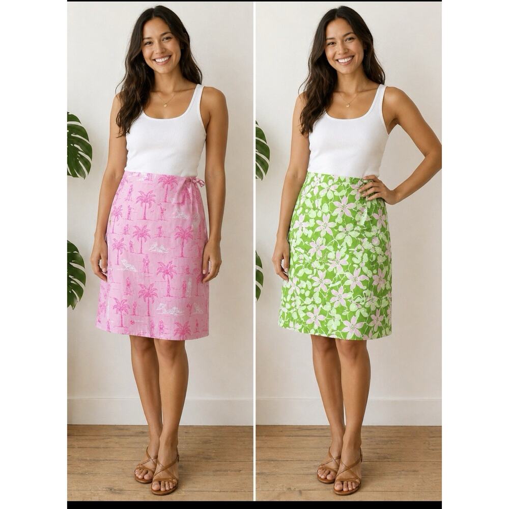 Vtg Lilly Pulitzer Beach/Palm Wrap Skirt sz 10 Reversible Preppy Coastal Resort